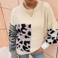Клирънс дамски контраст леопардов пуловер с дълъг ръкав кръгла врата пуловер пуловер върхове леки разхлабени туники ризи върхове