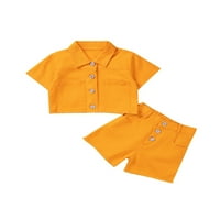 Sunisery Kids Little Girls Summer тоалети Небрежен копче с къс ръкав нагоре Деним тениска еластични дънки шорти комплекти жълти 12- месеца