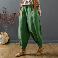 Hesxuno широки панталони за жени, летни прочиствания Женски ленени панталони еластични високи талии подрязани панталони твърди цветни панталони за крак с джобове