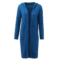 Riforla жени Небрежни зимни солидни плетени разхлабени качулки дълги жилетка пуловер джобни палто за жени сини m