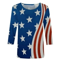 Дамски върхове просвета под $ плюс размер женски флаг отпечатана тениска с ръкави в средна дължина Блуза O кръгла шия ежедневни върхове с американски есенни дами патриотични със звезди и ивици Сини XL