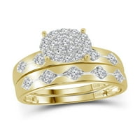Солидно 10к жълто злато, Неговият и нейният кръгъл диамантен клъстер, съвпадащ с двойка три пръстена, годежни пръстени, Брачни халки, комплект КТ. -