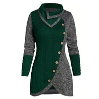 Палто за жени плюс размер жени O-Neck с дълъг ръкав Solid Botton Pachwork Асиметрични върхове Пуловер Женски пуловер палто зелено + XL