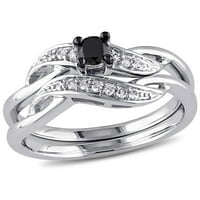 Дамски карат Т. В. черно-бял диамант Стерлинг Сребърен кросоувър комплект годежен пръстен миабела
