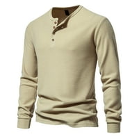 Мъже ежедневни пуловер тениски спокойни плътни цветни копчета кръгла врата с дълъг ръкав топ блуза удобна еластична дишаща тениски каки k