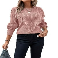 Небрежни обикновени кръгли пуловери с дълъг ръкав прашен розов женски пуловери