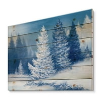 Дизайнарт 'покрити със сняг дървета с приказна смърчова гора' Лейк Хаус принт върху естествена борова дървесина