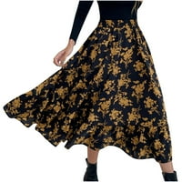 Женски поли за ежедневни модни модни шевове от средна дължина от печат тънка пола на A-линия, черна