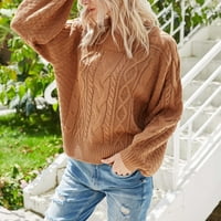 Големи пуловери за жени модерни модни ежедневни O шия костенурка твърд цвят дълъг ръкав пуловер памучен смес кафяв L