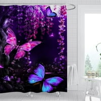 Сонерна пеперуда душ завеса за баня с глициния, лилава флорална завеса за баня с куки, акварелна пеперуда с цветя декоративна артистична, 72 72 инч, лилаво