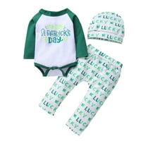 Бебешки дрехи бебешки бебе St. Patrick Patchwork Letter Romper Print Bodyuit+Pants Set